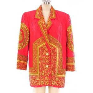 ADAM DOUGLASS Vintage Size 6 1990's Red Quilted Gold Baroque Silk Blazer Jacket